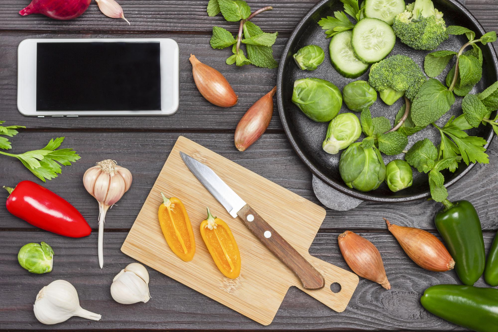 Workspace with knives and herbs